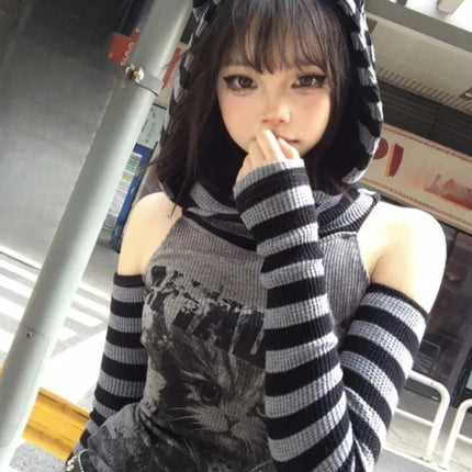 Japanese Gothic Vintage Punk Women Hoodie Striped Patchwork Cat Print Hollow Out Slim Long Sleeve Soft Pullovers 2025 Autumn New
