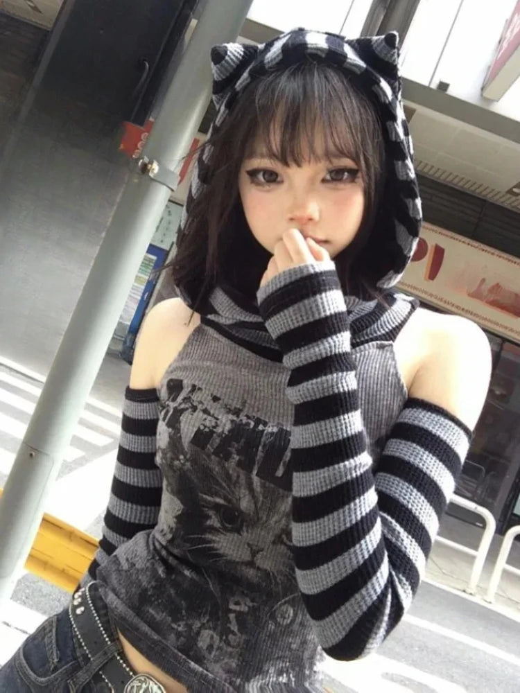 Japanese Gothic Vintage Punk Women Hoodie Striped Patchwork Cat Print Hollow Out Slim Long Sleeve Soft Pullovers 2025 Autumn New