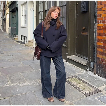 Elegant Women's Belt Short Woolen Coats Loose Stand Collar Single-breasted Long Sleeve Jacket 2026 Autumn Lady Commute Outwear