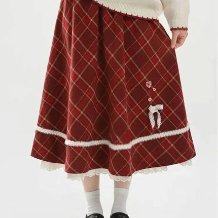 Sweet Red Plaid Long Skirt Women Vintage Faux Woolen Bow Cute Skirts Lace Patchwork High Waist Korean Elegant Warm Long Skirts PlatiNum
