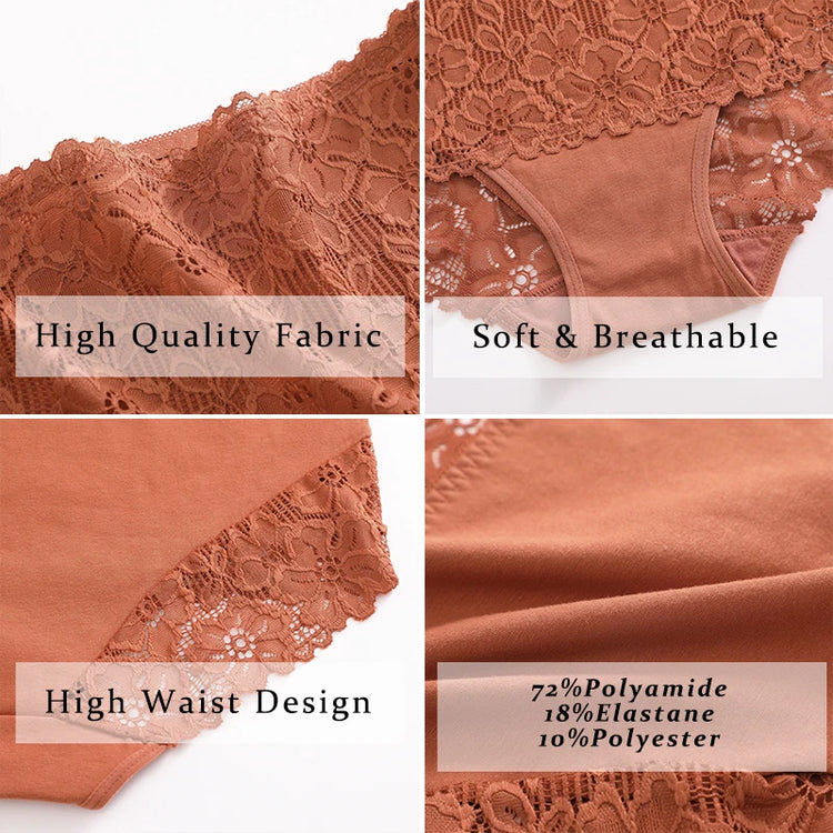 4PCS/SET Women's Sexy Lace Panty Hollow Out High Waist Women's Briefs Breathable Comfortable Underwear Plus Size Women Lingerie