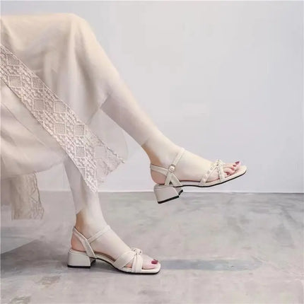 New Summer 2026 Sandals with Chunky Heels and Fairy-Style Straps with Pearls, Versatile Fashionable Women's Shoes