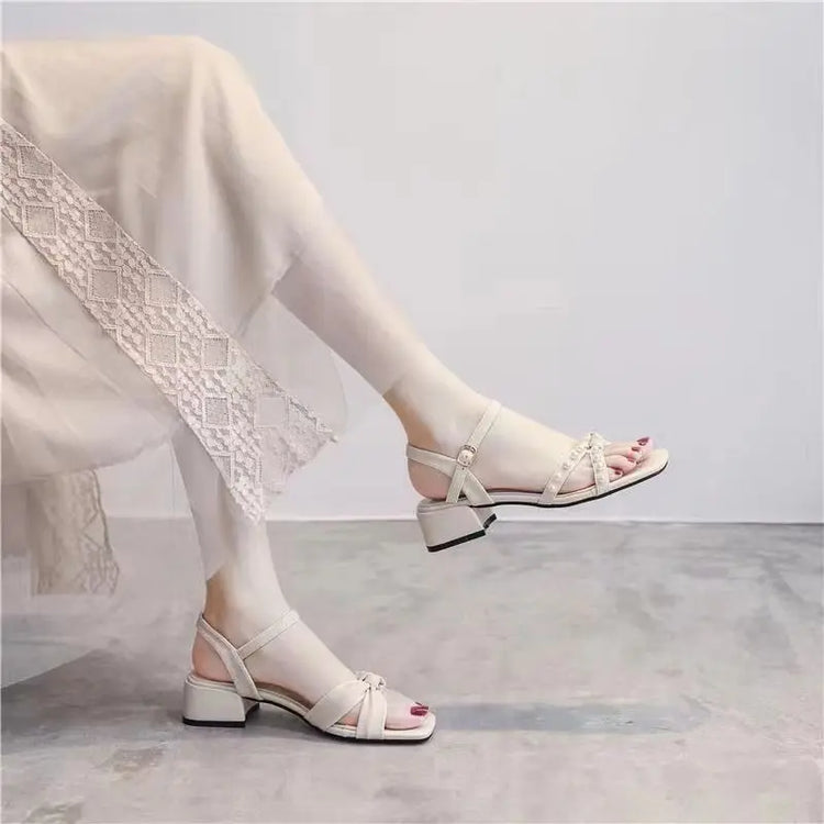 Nuovi Sandali Estivi 2026 con Tacco Grosso e Cinturini Stile Fata con Perle, Scarpe Versatili alla Moda da Donna