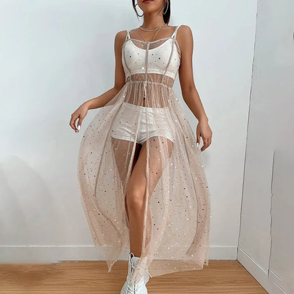 New Summer Women Cover Up Dress senza maniche collo quadrato Beach Holiday paillettes Split Midi Beach Smock Skin-Friendly confortevole platinumshop