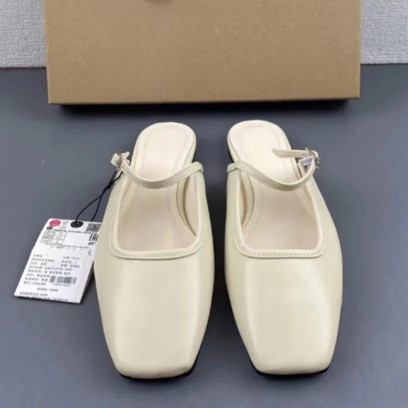 2025 Summer Mules Shoes for Women Luxury Slik Fashion Solid Square Toe Casual Lady Flat Sandals New Design Slingback Footwear