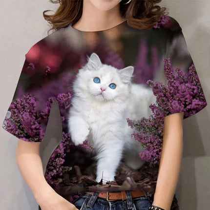 T-shirt mignonne en forme de chat pour femme, avec impression 3D animal de compagnie, manches courtes, hauts décontractés d'été, T-shirts amples Streetwear à col rond
