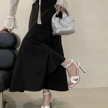 Alionly 2026 New Summer Fashion Open Toe Sandals Women Metal Buckle Narrow Band Thin Low Heel Gladiator Party Shoes
