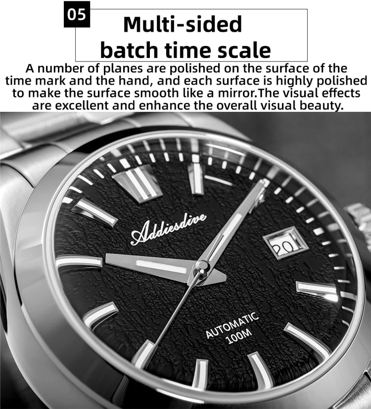 ADDIESDIVE Top Brand Automatic Watch For Men Sapphire Glass Unique Bark Texture Waterproof Luminous Mechanical Watch New AD2075