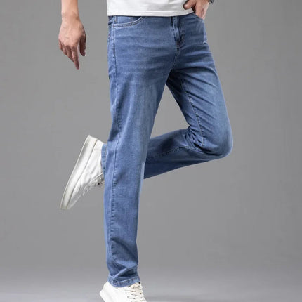 Summer Thin Men's Elastic Cotton Jeans Fashion Gray Comfortable Business Straight Casual Pants Brand Male Clothes Trousers PlatiNum