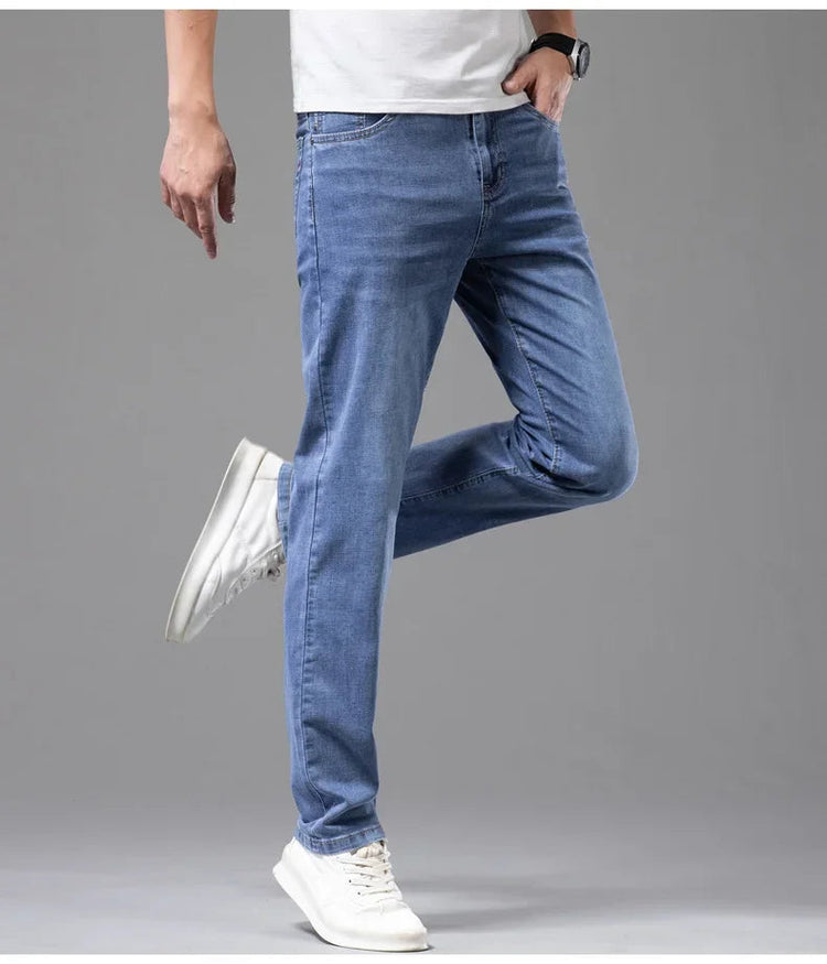 Summer Thin Men's Elastic Cotton Jeans Fashion Gray Comfortable Business Straight Casual Pants Brand Male Clothes Trousers PlatiNum