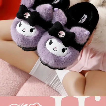 Women Cute Hello Kitty Thick Platform Plush Slippers Warm Fuzzy Non-Slip Bowknots Winter Indoor Bedroom Cozy Fluffy House Slides