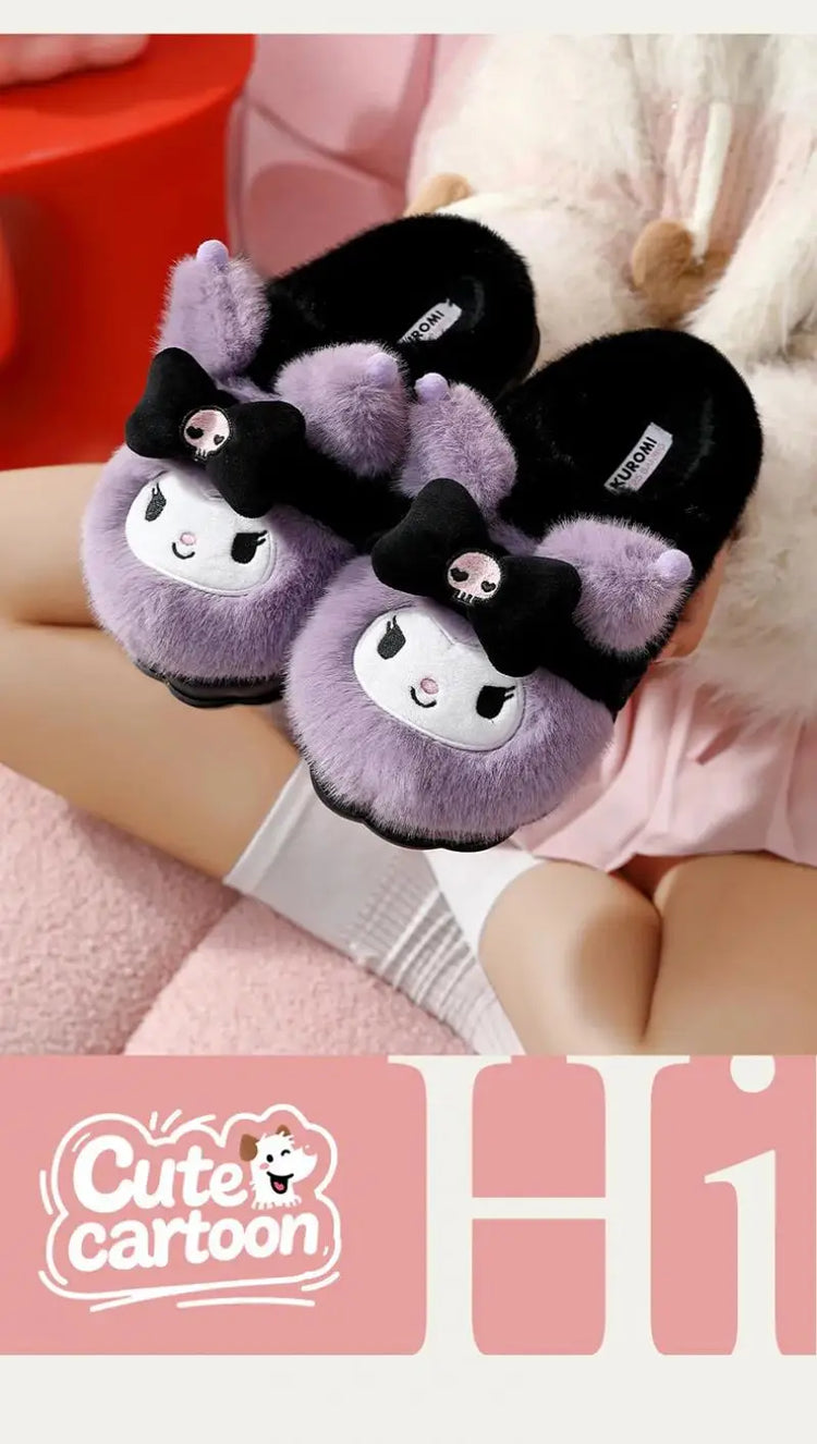 Women Cute Hello Kitty Thick Platform Plush Slippers Warm Fuzzy Non-Slip Bowknots Winter Indoor Bedroom Cozy Fluffy House Slides