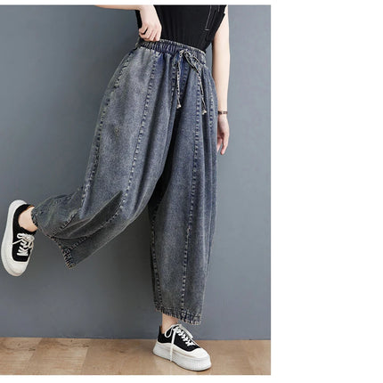 508 primavera estate nuovi Jeans larghi 100kg per le donne coulisse semplice tinta unita nero Vintage cotone femminile lanterna pantaloni in Denim