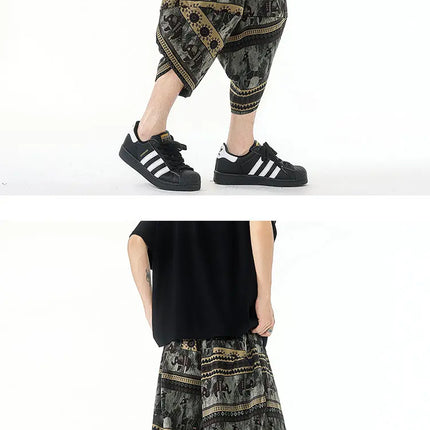 Pantaloncini estivi con stampa da spiaggia, pantaloni casual leggeri e traspiranti, pantaloni larghi alla moda da uomo, pantaloni comodi a lunghezza polpaccio per uomo