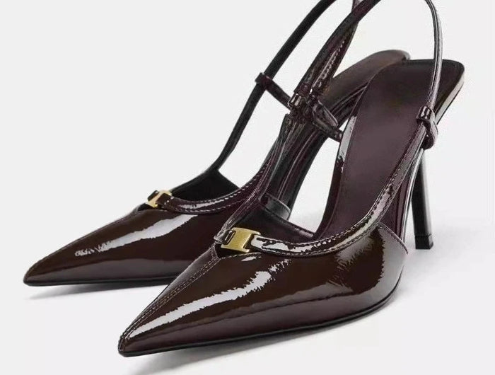 2026 Fashion Metal Decoration Stiletto Pumps Women Luxury Patent Leather Pointed Toe High Heels Sexy Slingback Designer Shoes PlatiNum