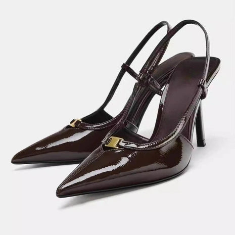 2026 Fashion Metal Decoration Stiletto Pumps Women Luxury Patent Leather Pointed Toe High Heels Sexy Slingback Designer Shoes PlatiNum