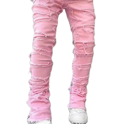 Men's Regular Fit Stacked Jeans Ripped Slim Fit Patch Distressed Destroyed Straight Denim Pants Hip Hop Streetwear Trouser Cloth PlatiNum
