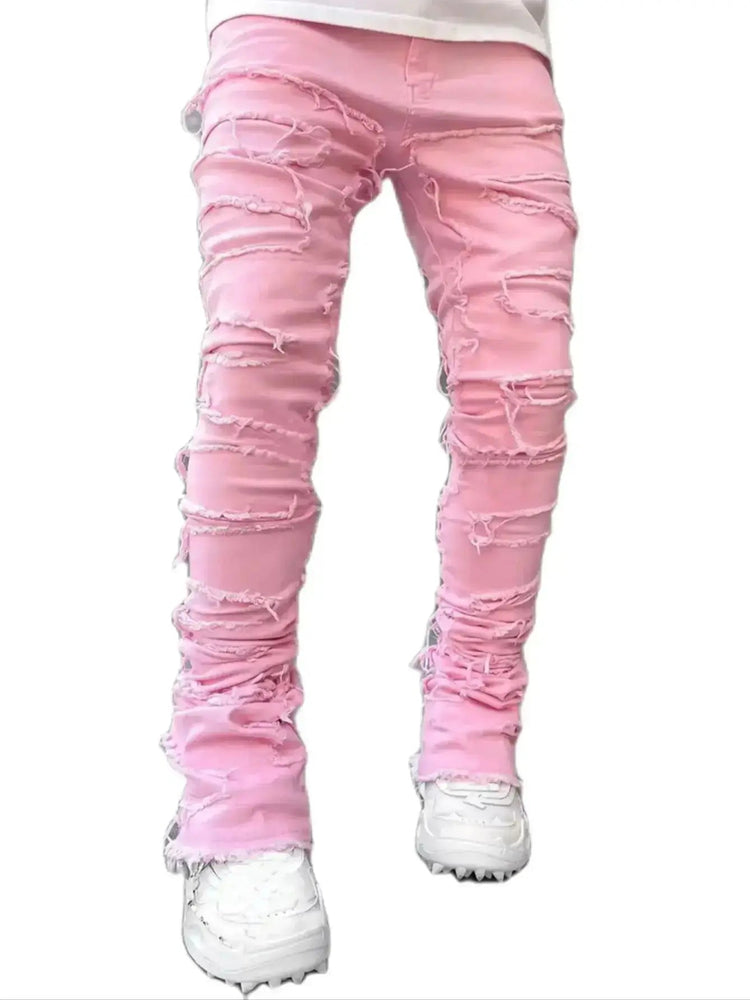 Men's Regular Fit Stacked Jeans Ripped Slim Fit Patch Distressed Destroyed Straight Denim Pants Hip Hop Streetwear Trouser Cloth PlatiNum