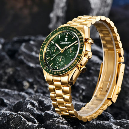 Nuovo orologio classico da uomo PAGANI DESIGN Orologio al quarzo di lusso verde dorato per uomo Cronografo sportivo con data automatica e cristallo AR in zaffiro Orologio da polso da uomo Spedizione locale