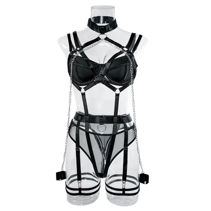 Fashion Sexy Seductive Chain Lingerie Four Piece Set Women's Solid Exotic Apparel Suit Female Stain Pure Desire Style Underwear