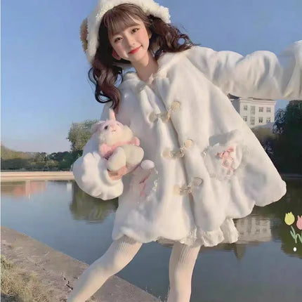 Kawaii Winter Clothes Cute Coats Women Rabbit Cosplay Costume Ears Hooded Lamb Wool Lolita Outwear Y2K Thicked Cartoon Jackets