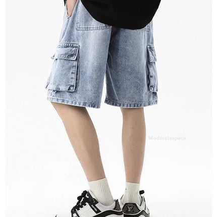 Pantaloncini di jeans alla moda retrò estivi per uomo Jeans corti multitasche larghi con gamba dritta con elastico in vita e coulisse da uomo
