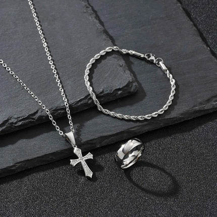 Set di Gioielli Hip Hop da Uomo 3 Pezzi, Ciondolo a Croce in Acciaio Inossidabile, Bracciale con Catena a Corda Intrecciata, Set di Gioielli Regalo per Papà, Figlio, Marito platinumshop