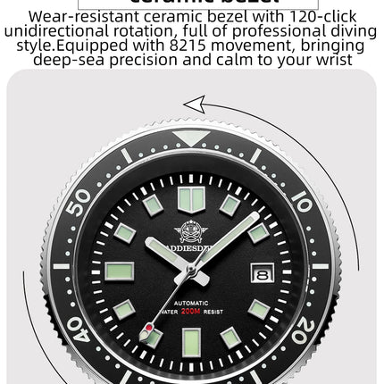 ADDIESDIVE Luxury Men's Automatic Watch Ceramic Bezel Sapphire Glass 200m Waterproof Ultra Bright Blue Luminous Diving Watch