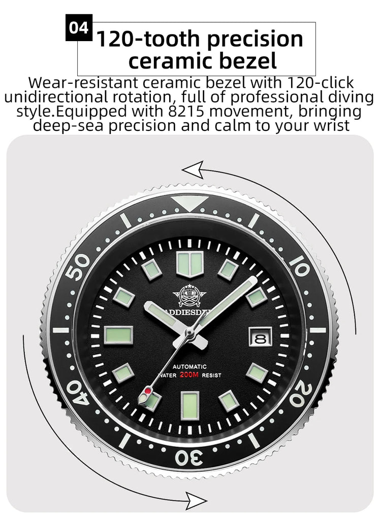 ADDIESDIVE Luxury Men's Automatic Watch Ceramic Bezel Sapphire Glass 200m Waterproof Ultra Bright Blue Luminous Diving Watch