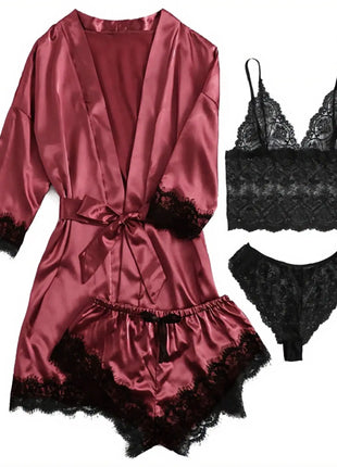 Pigiama da donna lussuoso con scollo a V in 4 pezzi camicia da notte sexy pizzo in raso halter accappatoio in raso di seta camicia da notte per la casa pigiama sexy per la casa platinumshop
