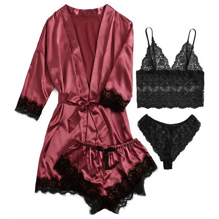 Pigiama da donna lussuoso con scollo a V in 4 pezzi camicia da notte sexy pizzo in raso halter accappatoio in raso di seta camicia da notte per la casa pigiama sexy per la casa platinumshop