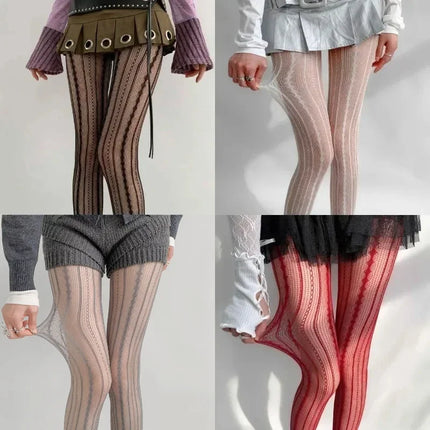 Women's Sexy Lace Fishnet Stockings Lolita Style Hollow Out Design Red Silk Socks JK High Waist Striped Tights Christmas Gifts