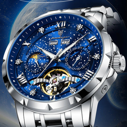 POEDAGAR Top Orologio da uomo originale Orologio meccanico automatico da uomo in acciaio inossidabile Calendario Hollow Tourbillon Orologio da uomo Maschio + scatola platinumshop
