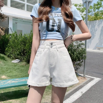 Women's summer thin denim shorts with loose fit high waist slimming effect wide legs and rolled edge hot pants for outerwear PlatiNum