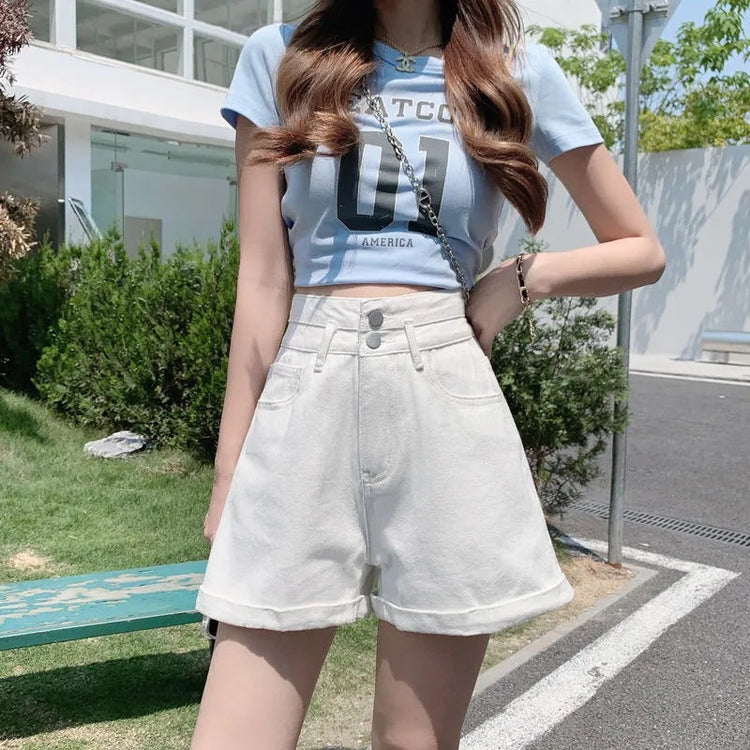 Women's summer thin denim shorts with loose fit high waist slimming effect wide legs and rolled edge hot pants for outerwear PlatiNum