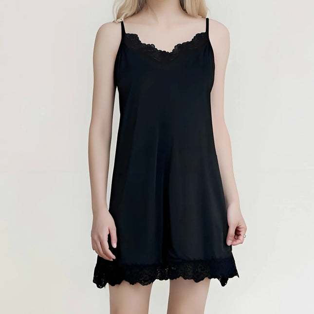 A piece of women's pajamas. It is a fashionable, elegant and sexy tank top pajama with lace trim. It is a solid color outfit,