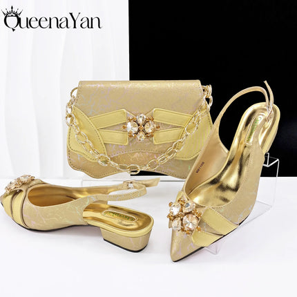 Queena Yan Elegante set di borse con strass a punta blu e tacco basso per calzature e accessori per feste di matrimonio di lusso da donna