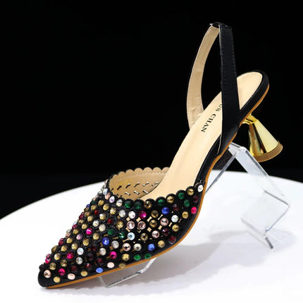 Venus Chan Pointed Toe Heels for Women 2023 Elegant Party Wine Color Full Diamond Pumps Italian Shoes and Bags Matching Set PlatiNum
