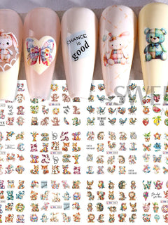 12 Design Ink Flowers Water Transfer Nail Stickers Decals Patchwork Animal Bear Nail Sliders for Women DIY Manicure Decorations