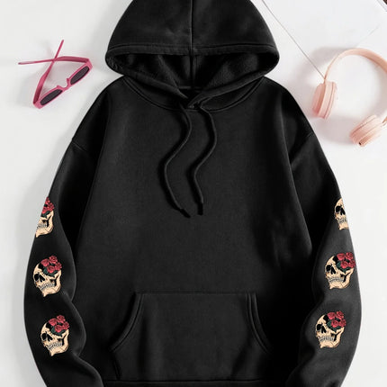 Plus Rose and Skull Pattern - Hoodie - Soft Casual Long Sleeve Pocket, Comfortable Women's Plus Size Daily Wear Clothing