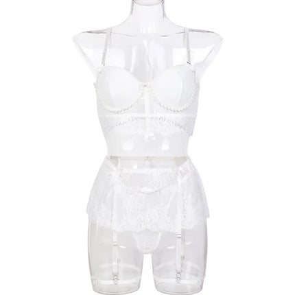 Sexy Erotic Womens Western Style Handmade Pearl 4 Piece Set Sensual See Through Lace Alluring Bowknot Attractive Breathable Set