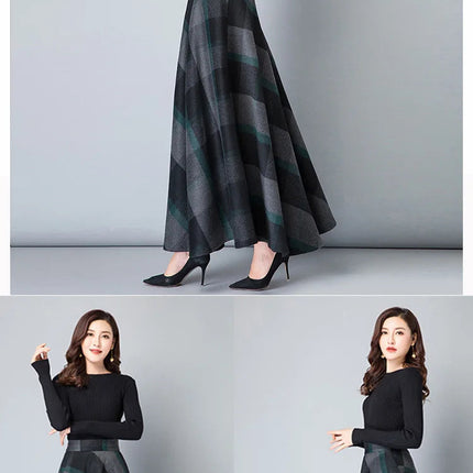 New Women Thick Woolen Skirt Autumn Winter Fashion Elastic High Waist A-Line Long Plaid Skirt Elegant Easy Match Wool Skirt PlatiNum