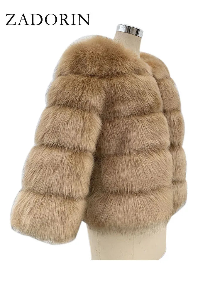 ZADORIN High Quality Faux Fox Fur Coat Women Luxury Fluffy Warm 3/4 Sleeve Fur Jacket for Women Winter Short Mink Coat Outerwear
