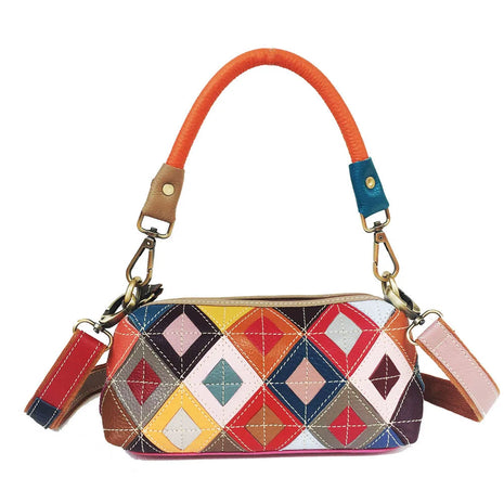 Borsa da Donna alla Moda, Borsa per Telefono in Vera Pelle Colorata con Motivo a Quadri, Borsa a Spalla e Tracolla