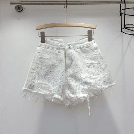 Women's Rhinestone Denim Shorts, High Waist, Stretchy, Vintage Wash, Distressed Effect, Summer 2026 Streetwear Style