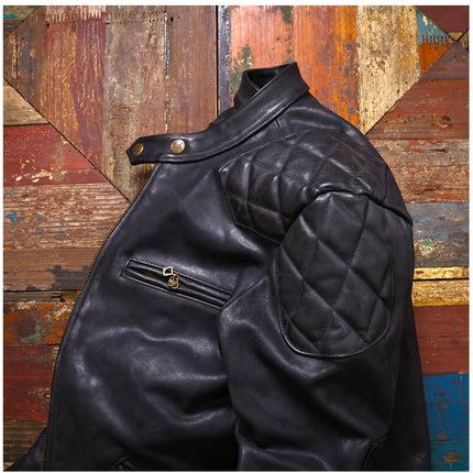 Genuine Leather Jacket Men Black Biker Coat Warm Windproof Snap Collar Zip Pockets Vintage Motorcycle Jacket Autumn Winter