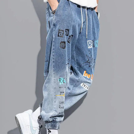 Men's Distressed Denim Pants Cuffed, Artistic Gradient Harem Jeans, Oversized Hip Hop Trousers for Spring Fall Versatile Outfits PlatiNum