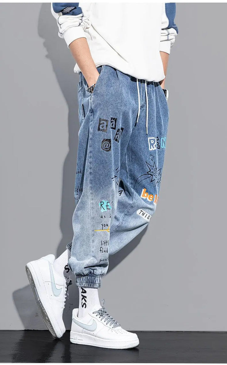 Men's Distressed Denim Pants Cuffed, Artistic Gradient Harem Jeans, Oversized Hip Hop Trousers for Spring Fall Versatile Outfits PlatiNum