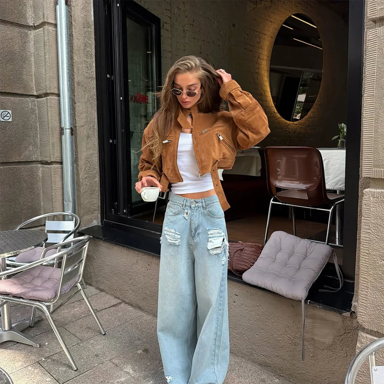 Brown Suede Leather Short Coats Women Solid Stand Collar Zipper Waist Belted Cropped Jackets 2026 Lady Autumn Y2k Casual Outwear