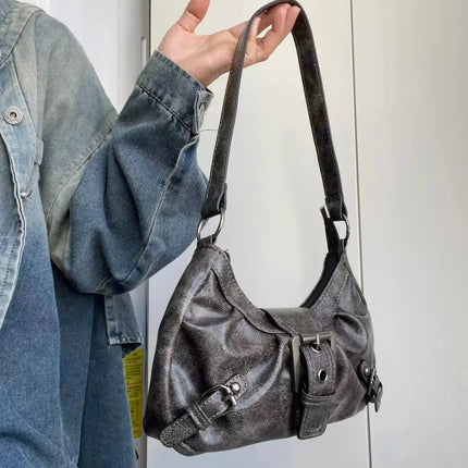 Y2K Vintage Distressed Leather Women Bag Shoulder Bag Maillard Style Underarm Purse Two Tone Crossbody Bag for Women PlatiNum